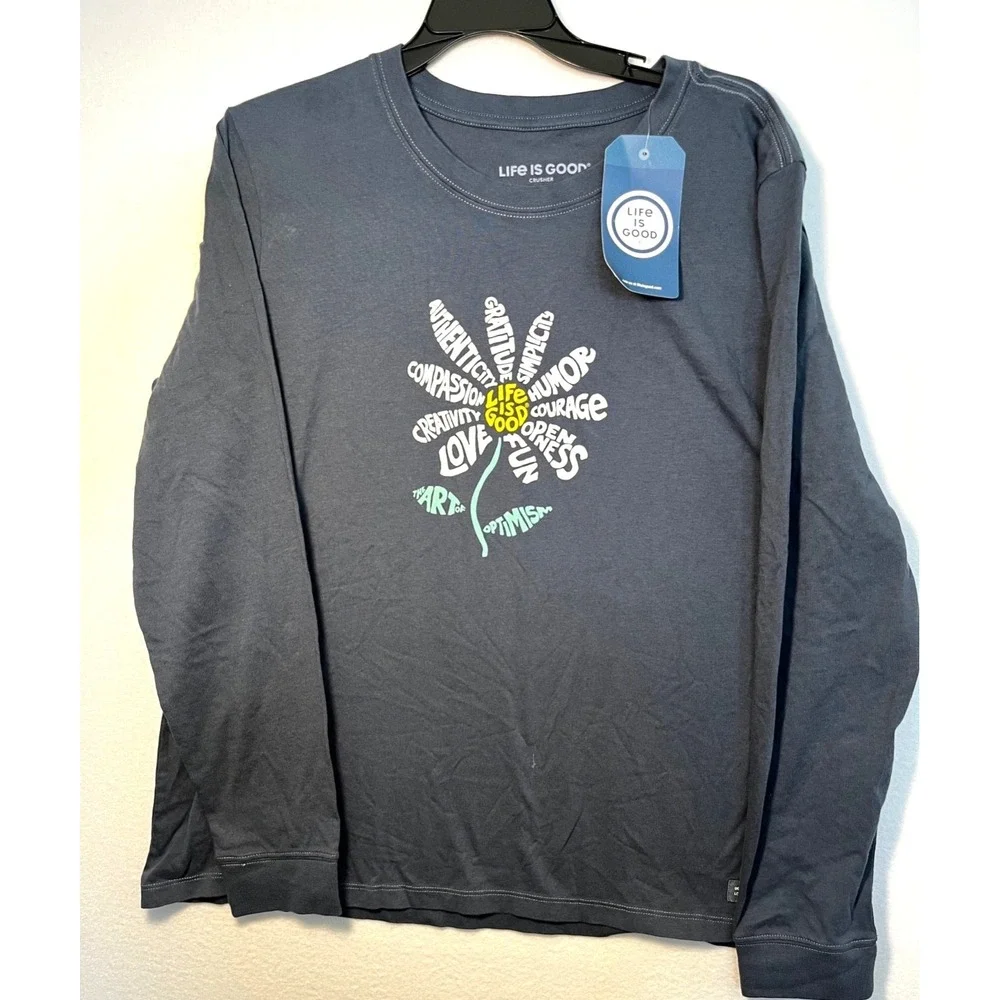 NWT Life is Good The Art of Optimism Blue Long  Sleeve Daisy Tee XL - Picture 2 of 8